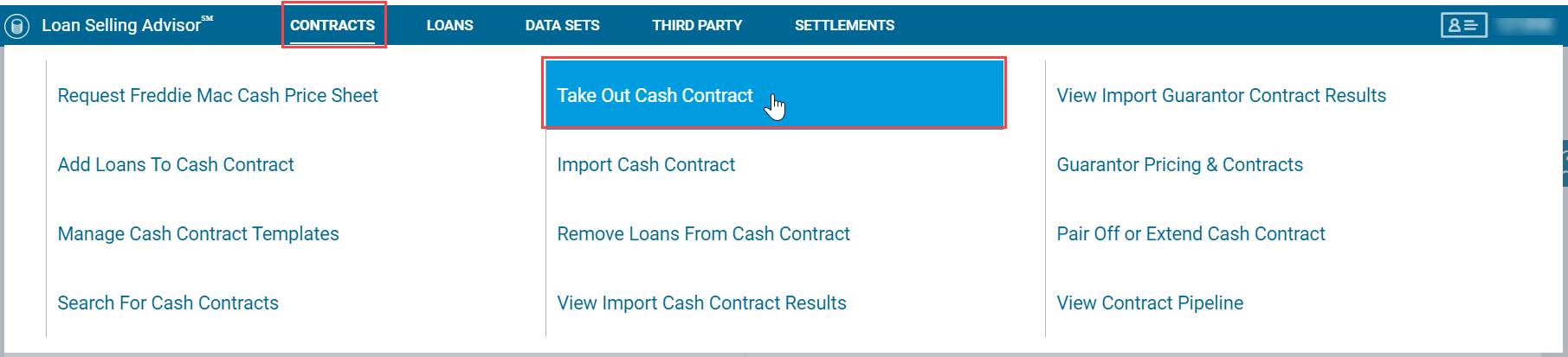 Screenshot of Loan Selling Advisor Take Out Cash Contract process