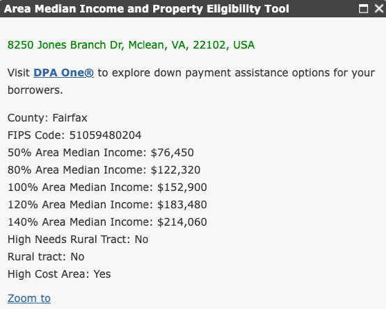 Image of map displaying Home Possible income limits detail panel for a property