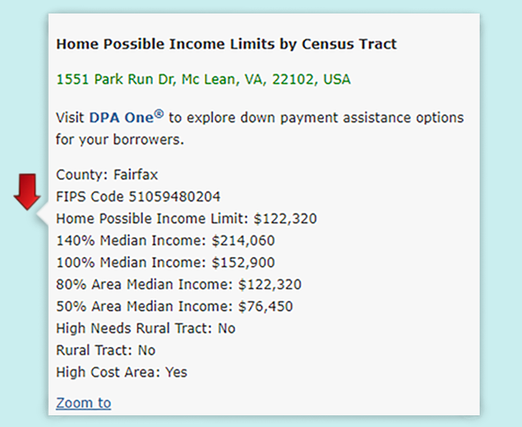 Image of map displaying Home Possible income limits detail panel for a property