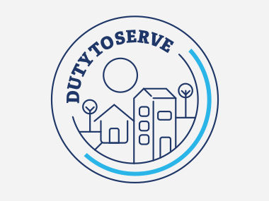 Duty To Serve illustrated seal showing a single and multi-family home, with trees and sun; in a line art style.
