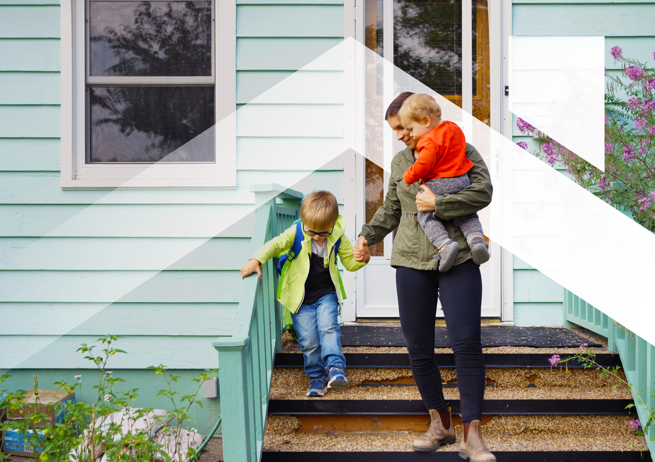 woman and two children walking down steps