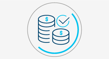 A linear icon depicting stacks of coins with a checkmark.