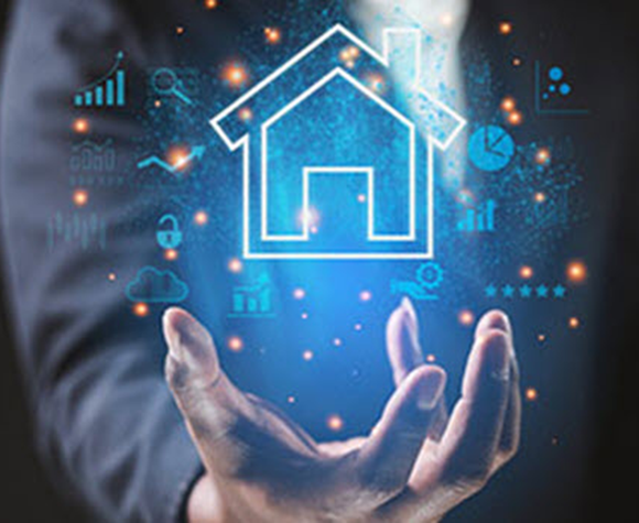 Graphical image of a man holding a digital house with various icons surrounding it.