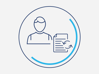 Illustrated icon, depicting refinancing with a person and paper in a line art style.