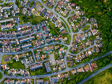 overhead view of houses in a neighborhood