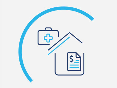 Linear icon depicting the shape of a house with a financial document and a medical bag.