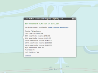 Image of map displaying Area Median Income and Property Eligibility Tool detail panel for a property.