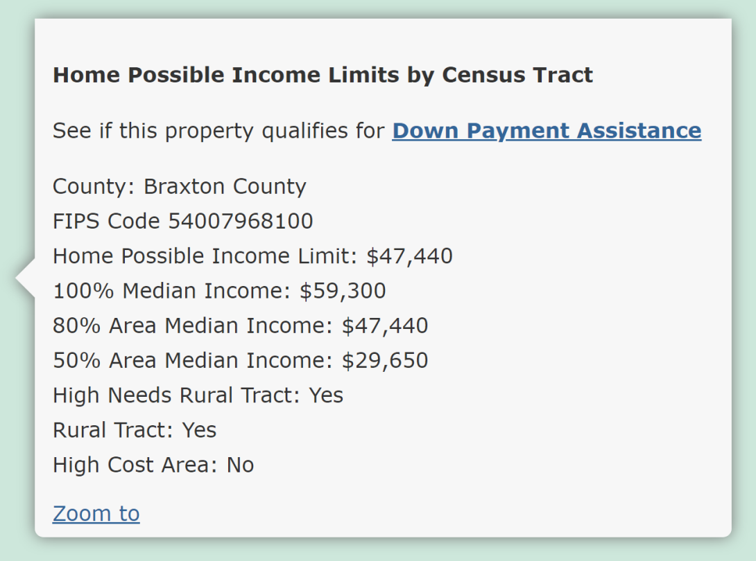 Image of map displaying Home Possible income limits detail panel for a property.