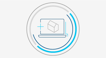 Icon image of an open laptop with a house on the screen